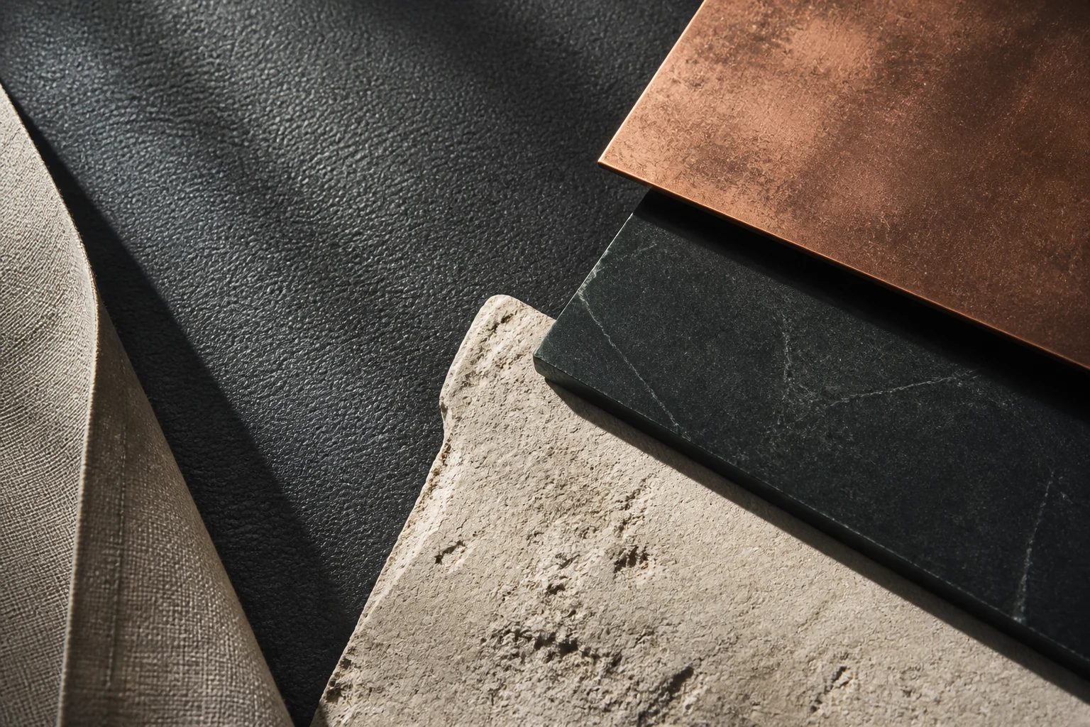 Copper, leather, linen and stone material study